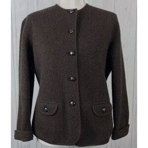 Wool Button Front Blazer Jacket Collarless Women's Sz M Brown
